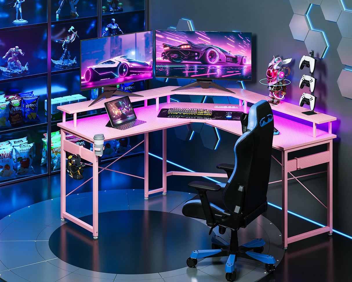 ODK L Shaped Gaming Desk with LED Lights & Power Outlets, 51" Computer Desk with Full Monitor Stand, Corner Desk with Cup Holder, Gaming Table with Hooks, Pink ODK