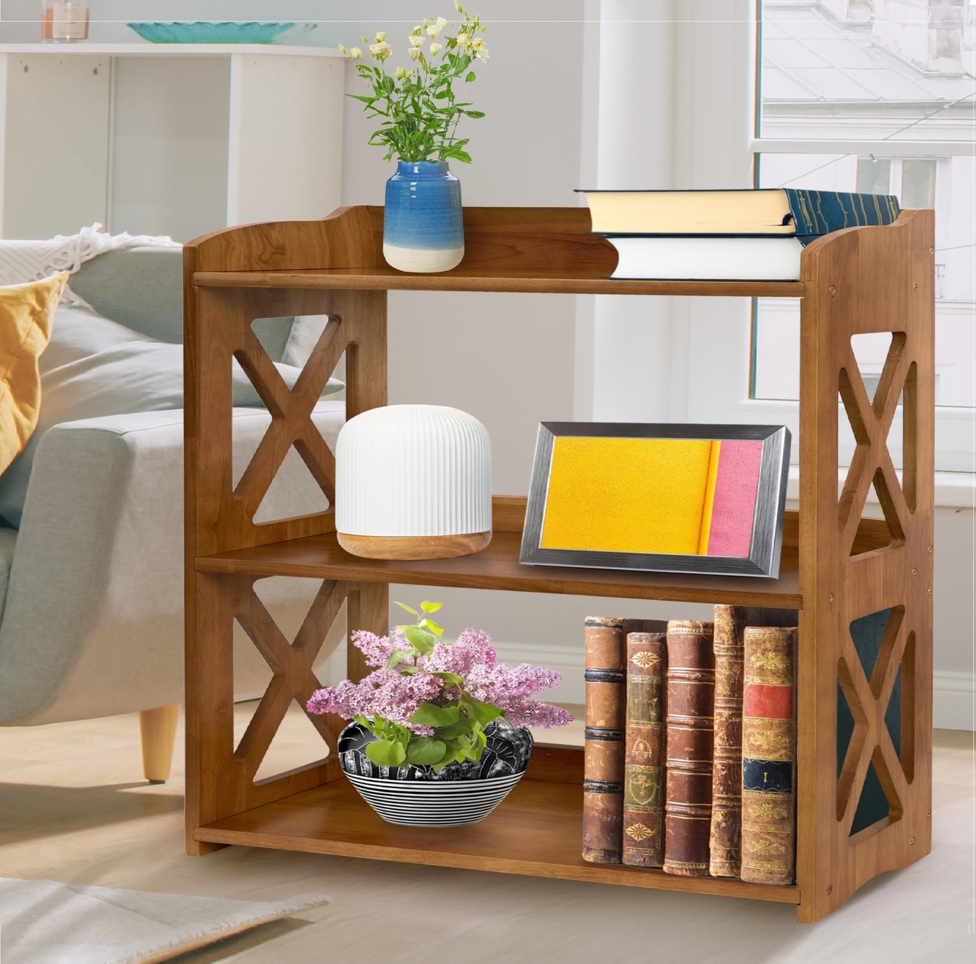 Stylish YCICI 3-Tier Brown Bookshelf - Compact Freestanding Storage Solution - WoodArtSupply