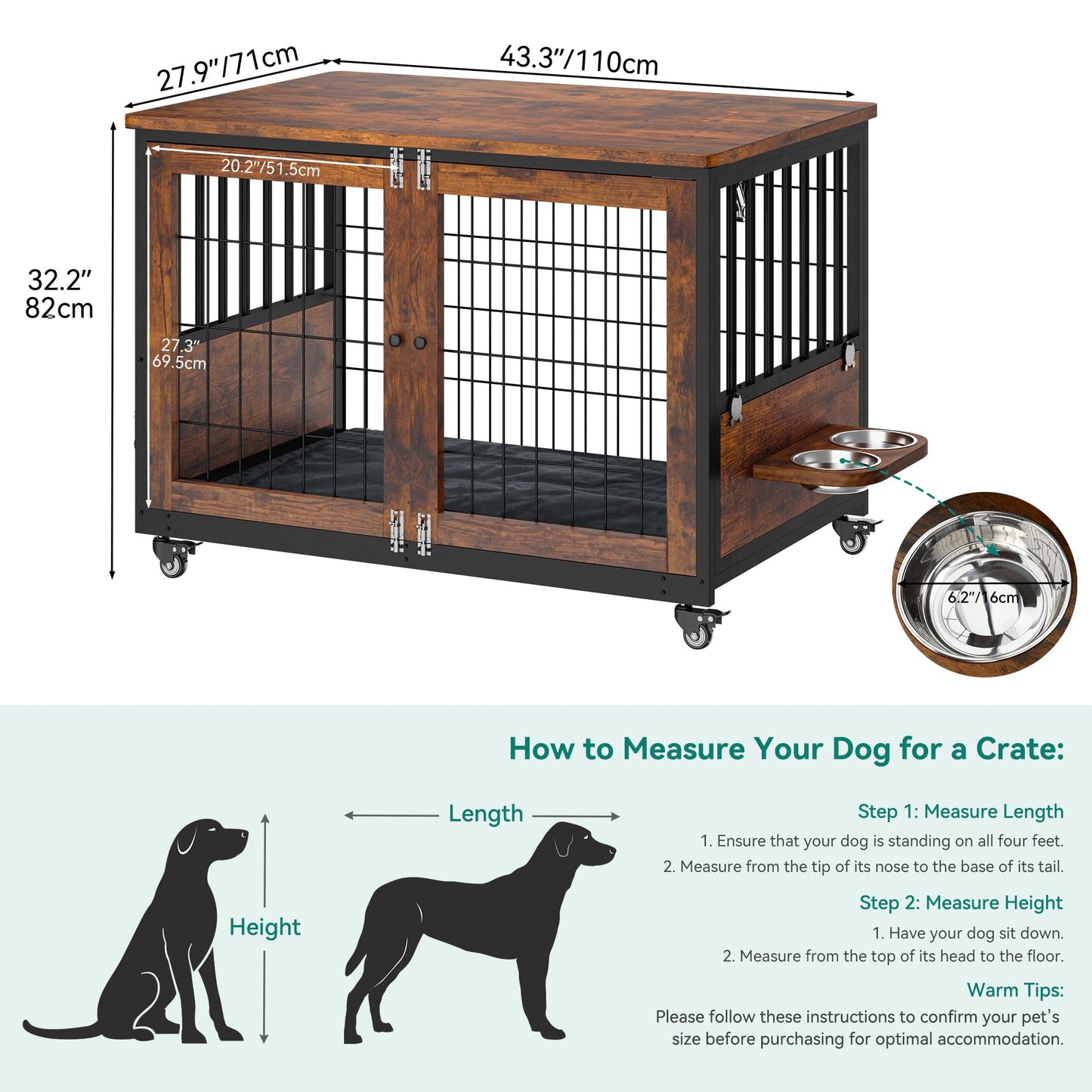 YITAHOME Dog Crate Furniture with Feeder Bowls, 43.3" Dog Kennel End Table with Wheels and Flip Top, Heavy Duty Dog Kennel for Small/Medium Dogs, Brown