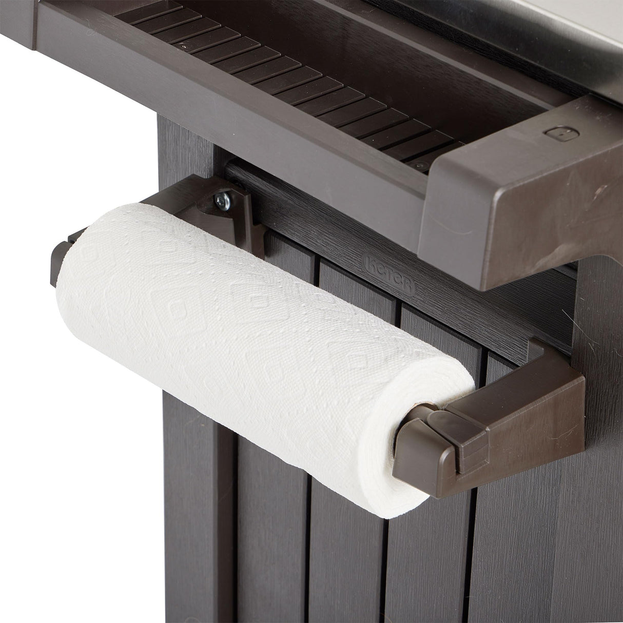 Keter Outdoor Grill Prep Table & Serving Cart, Stainless Steel Top, Unity, 40 Gal, Brown - Portable Bar Table and Cooking Accessory for Pool, Patio, Lawn, and Backyard Keter