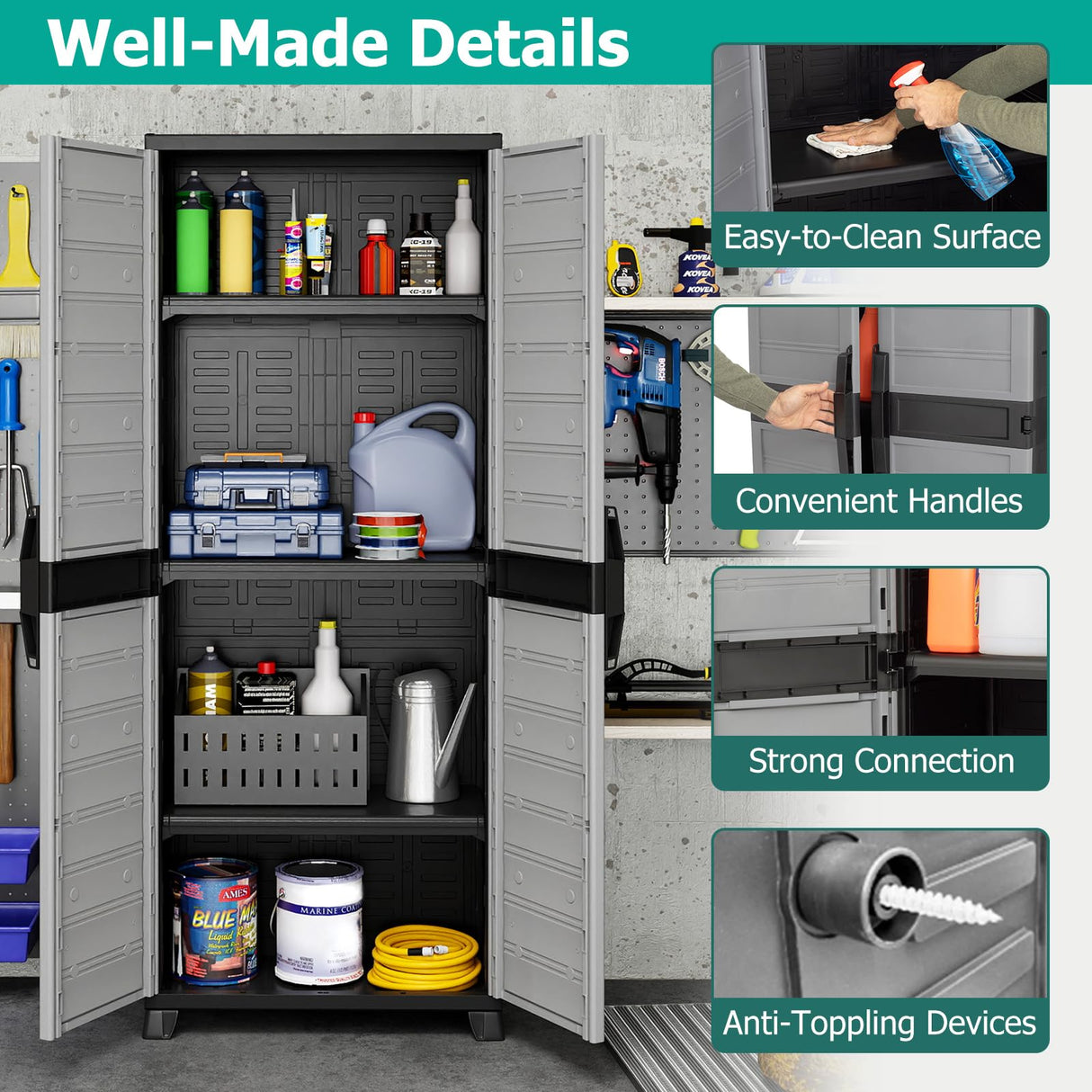 LOKO 68” Plastic Storage Cabinet, Vertical Storage Shelving Unit with Lockable Double Doors & Adjustable Shelves, Utility PP Garage Storage Organizer for Office, Basement and Laundry Room, Grey LOKO