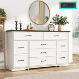jiteentarou Farmhouse 9 Drawer Dresser for Bedroom,63” Wood Dresser & Chest of Drawers with Power Outlets,Large & Wide Dressers for Bedroom,Tall Storage Dresser Organizer(White) jiteentarou