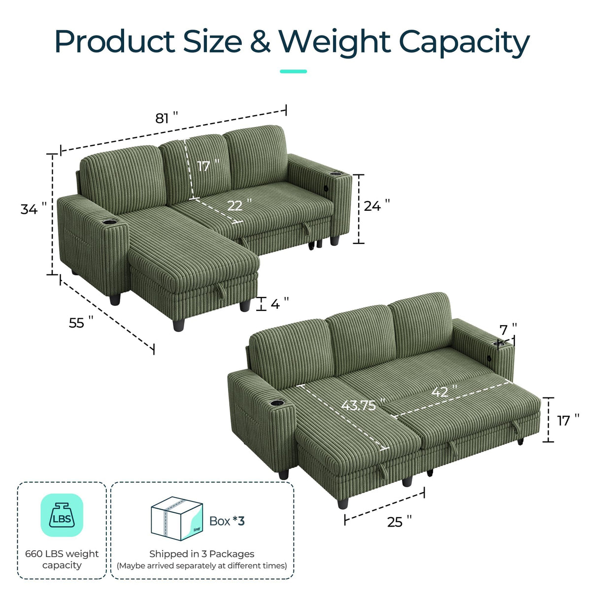 LINSY HOME Sectional Sleeper Sofa with Pull Out Couch Bed Convertible Plush Corduroy Cloud Couch with Storage Chaise & USB Charging, Comfy L Shaped Modular Couches for Living Room Apartment (Green) LINSY HOME
