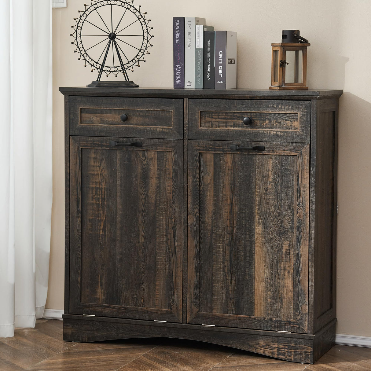 AHB 13 Gallons Tilt Out Trash Cabinet Freestanding Kitchen Trash Cabinet Hidden Garbage Recycling Cabinet with Hideaway Drawers Pet Proof Trash Can for Kitchen Dining Room Living Room, Rustic Brown AHB