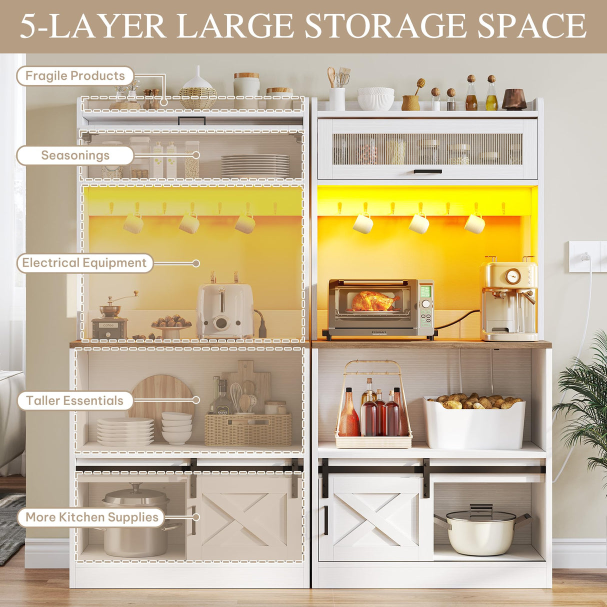 YITAHOME Bakers Rack with Power Outlet and Storage Farmhouse Microwave Stand with LED Lights Heavy Duty 5-Tier Coffee Bar Cabinet Station with 7 Hooks for Kitchen Dining Room Living Room White YITAHOME