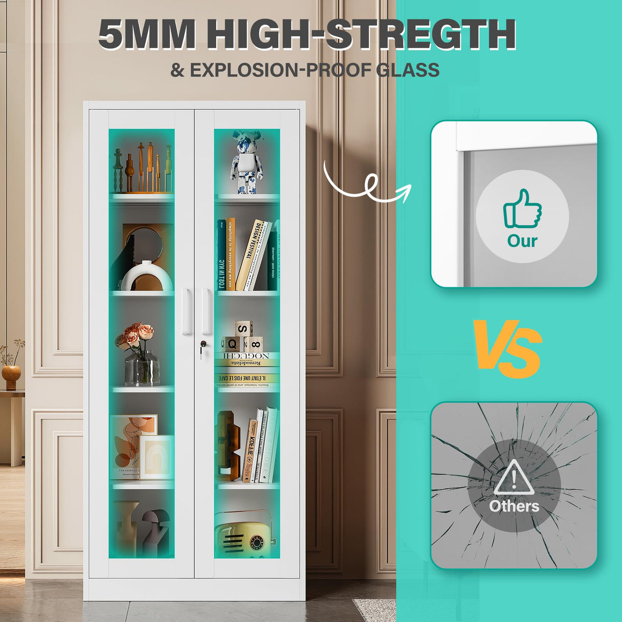 Metal Storage Cabinet with Lock and Glass Doors,Glass Display Cabinet,67" Tall White Storage Cabinets,Locking Curio Cabinets with 5 Shelves for Collectibles,Home,Office,Living Room SISESOL