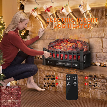 VIVOHOME 120V Electric Fireplace Insert Log Quartz Realistic Ember Bed Fan Heater with Infrared Remote Controller Black