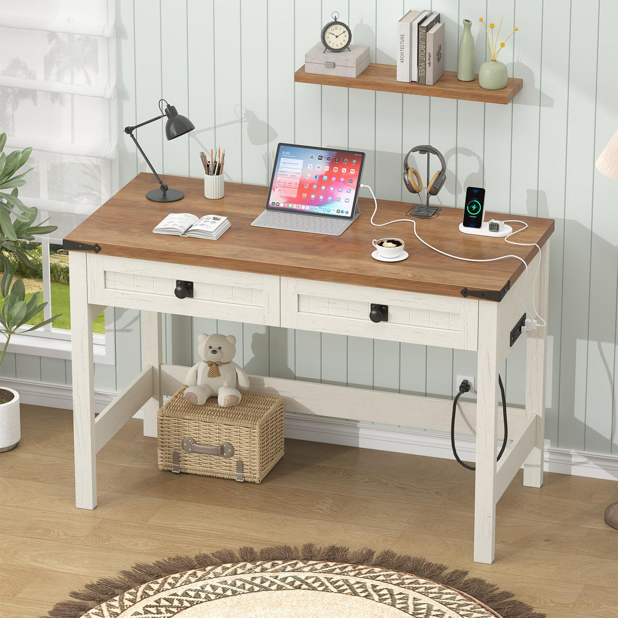YOMILUVE Farmhouse Computer Desk with 2 Drawers, 39 Inch Small Office Computer Desk with Power Outlets, Compact Writing Study Desk for Small Spaces, Antique White YOMILUVE