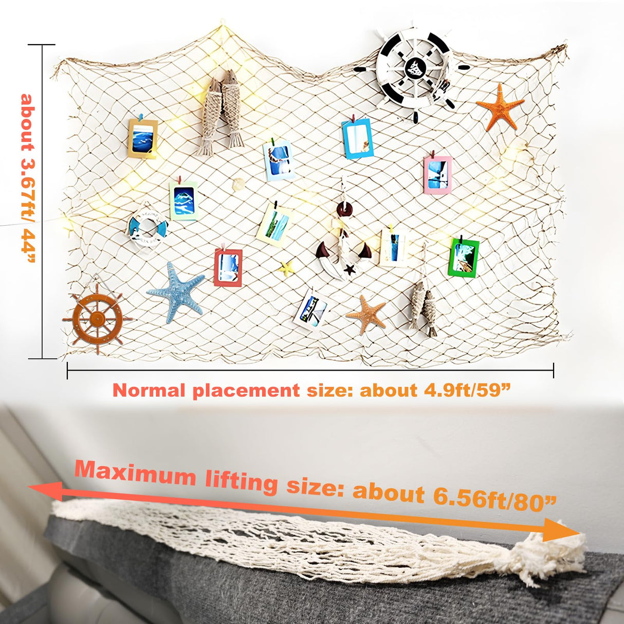 2 Pack Fish Net Decorations for Party, Natural Cotton Hawaiian Party Fishing Net Decorative, Nautical Themed Cotton Fishnet Under The Sea Pirate Ocean Beach Decor BWEALT