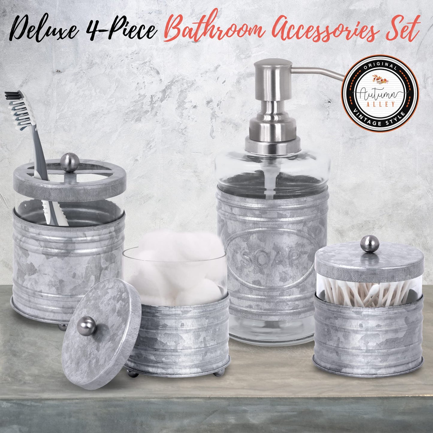 Autumn Alley Rustic Farmhouse Glass and Galvanized Bathroom Accessories Set (4 PCS) - Lotion Soap Dispenser, Toothbrush Holder, 2 Apothecary Jars (Qtip Holder) - Rustic Farmhouse Bathroom Decor