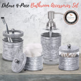 Autumn Alley Rustic Farmhouse Glass and Galvanized Bathroom Accessories Set (4 PCS) - Lotion Soap Dispenser, Toothbrush Holder, 2 Apothecary Jars (Qtip Holder) - Rustic Farmhouse Bathroom Decor Autumn Alley