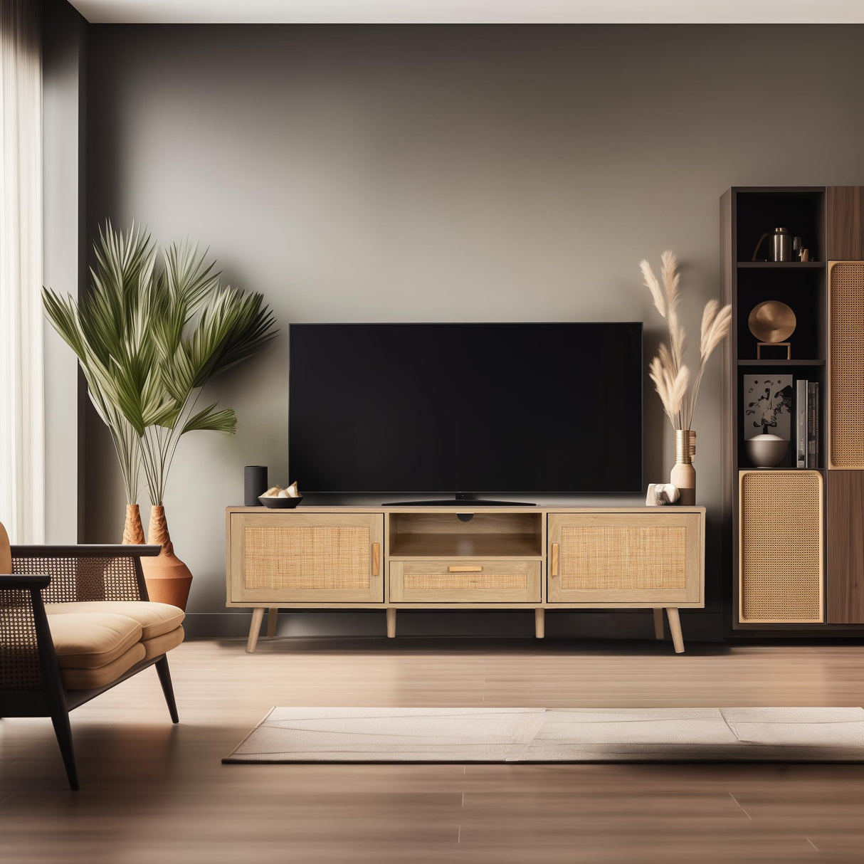 Finnhomy 59" TV Stand for up to 65 inches TV, TV console with 2 Hand Made Rattan Decorated Doors, Living Room Entertainment Center TV Table with Storage, Natural Finnhomy