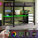 SOFTSEA Full Gaming Loft Bed with Desk & LED Lights, Heavy-Duty Metal Loft Bed with USB Charging Stations, Full Size Gaming Bed with Guardrails for Adults Kids Teens, Easy Assembly, Black SOFTSEA