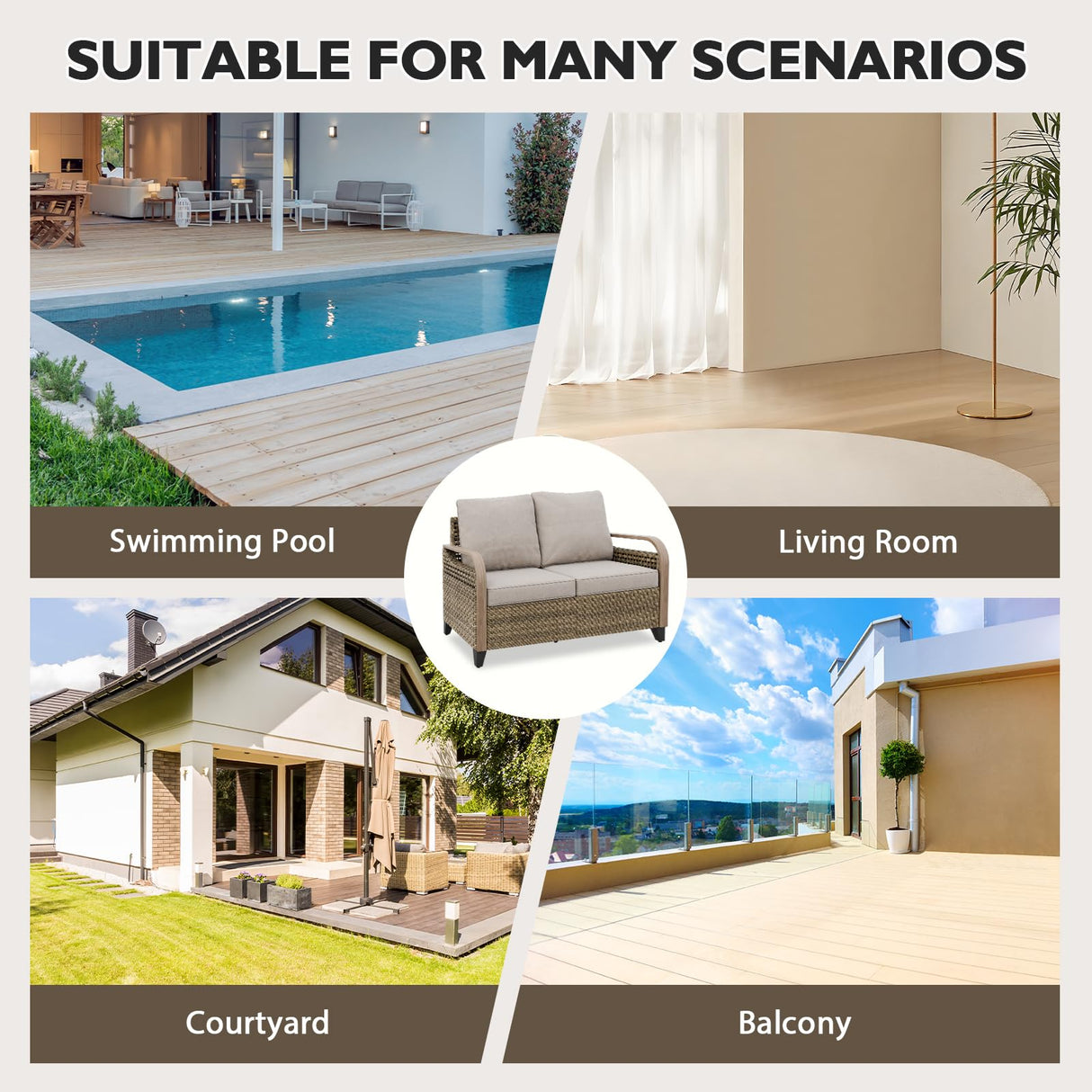 EAGLE PEAK Wicker Outdoor Patio Sofa Modern Rattan Patio Furniture Loveseat for Backyard Deck Porch Balcony, 2 Seat Loveseat, Brown/Gray EAGLE PEAK