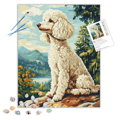 ARNLRDYA Poodle Dog Paint by Number Kits, White Sitting Dog Looking into Distance Paint by Numbers for Beginners, Funny Animals Acrylic Paints Oil Painting for Home Decor(16×20inches, No Frame)