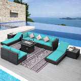 NICESOUL 11-Piece Patio Furniture with Chaise Lounge, Modern Wicker Outdoor Sectional with Fire Pit, Comfortable 29.3'' High-Back Conversation Seating, Heavy Duty All-Weather Couch Set, Grey & Teal NICESOUL
