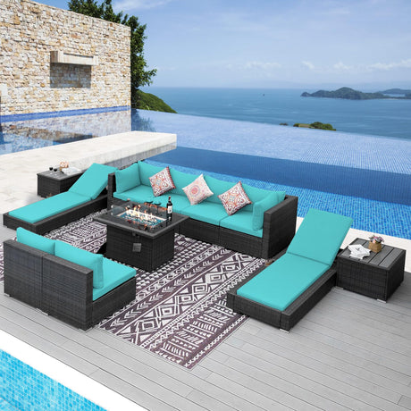 NICESOUL 11-Piece Patio Furniture with Chaise Lounge, Modern Wicker Outdoor Sectional with Fire Pit, Comfortable 29.3'' High-Back Conversation Seating, Heavy Duty All-Weather Couch Set, Grey & Teal NICESOUL