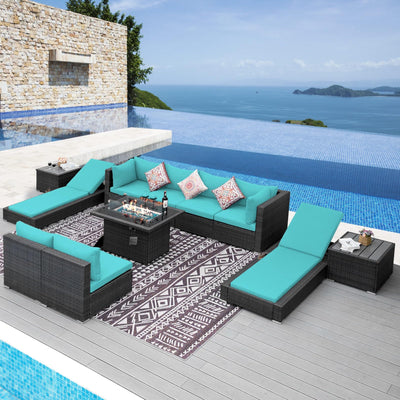 NICESOUL 11-Piece Patio Furniture with Chaise Lounge, Modern Wicker Outdoor Sectional with Fire Pit, Comfortable 29.3'' High-Back Conversation Seating, Heavy Duty All-Weather Couch Set, Grey & Teal