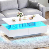 DWVO LED Coffee Table with Storage 4 Drawers, Modern High Glossy Coffee Tables for Living Room, White Rectangle Coffee Table Small Center Table with Open Display Shelf & Sliding Drawers, White DWVO