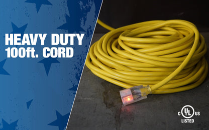 Southwire Outdoor Extension Cord, 100 Ft, 12 gauge 3 prong, Heavy Duty, SJTW Cord, Yellow, 2589 - WoodArtSupply