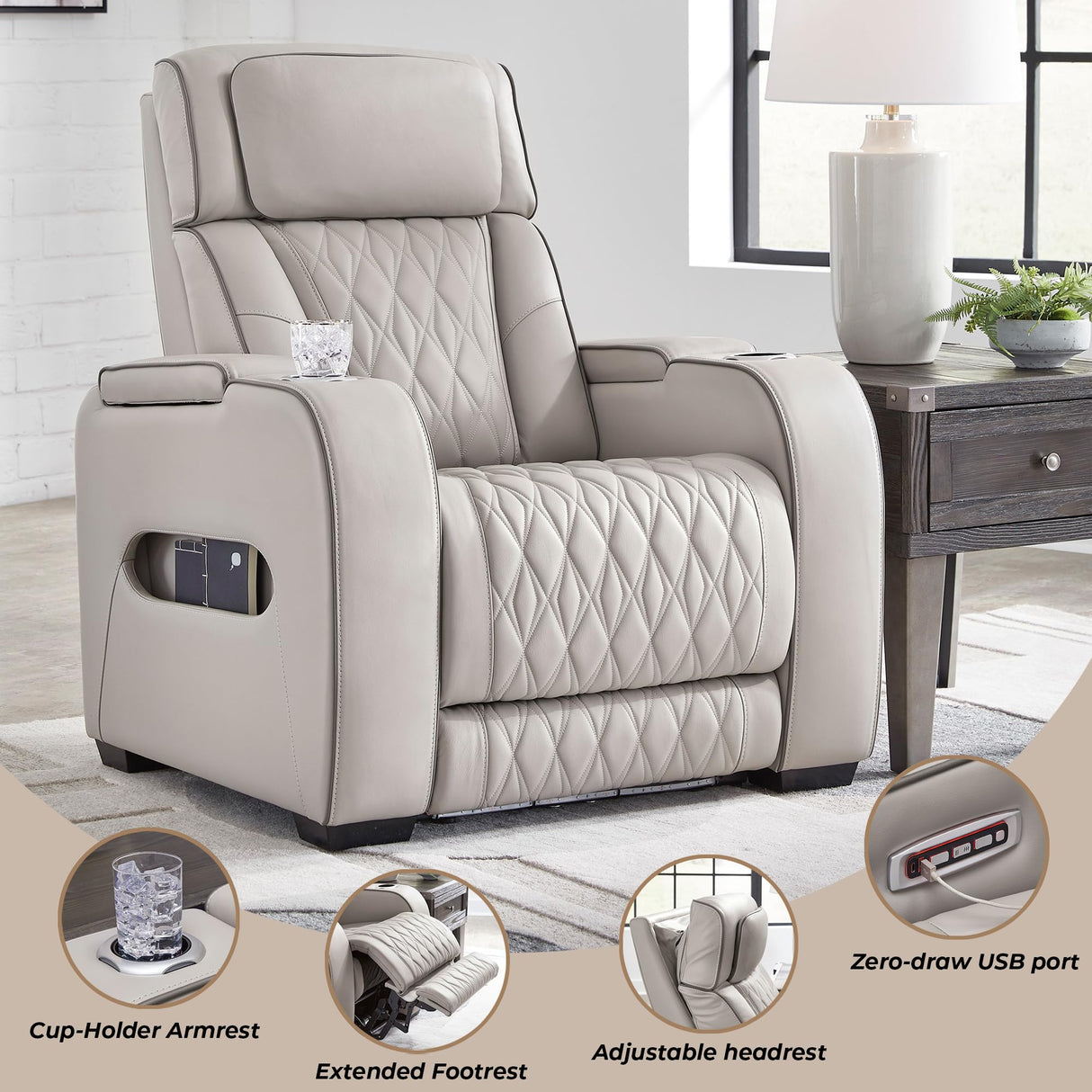 Signature Design by Ashley Boyington Contemporary Leather Match Power Recliner with Adjustable Headrest, Cup Holders, USB Port and Air Massage System, Light Gray Signature Design by Ashley
