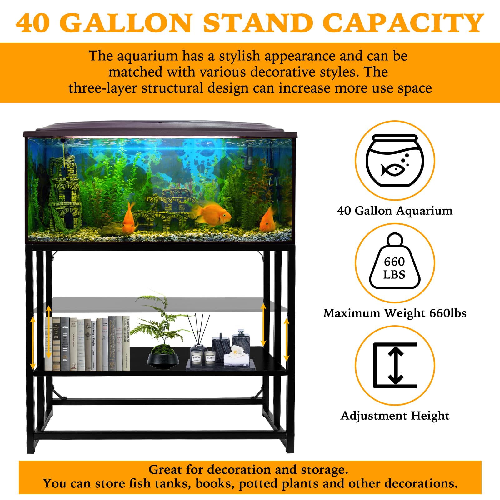 Umisu Fish Tank Stand Metal Aquarium Stand 40 Gallon 36.5" x 18.5" x 29.5" Aquarium Turtle Tank Stand,Double-Layer Detachable Design - WoodArtSupply