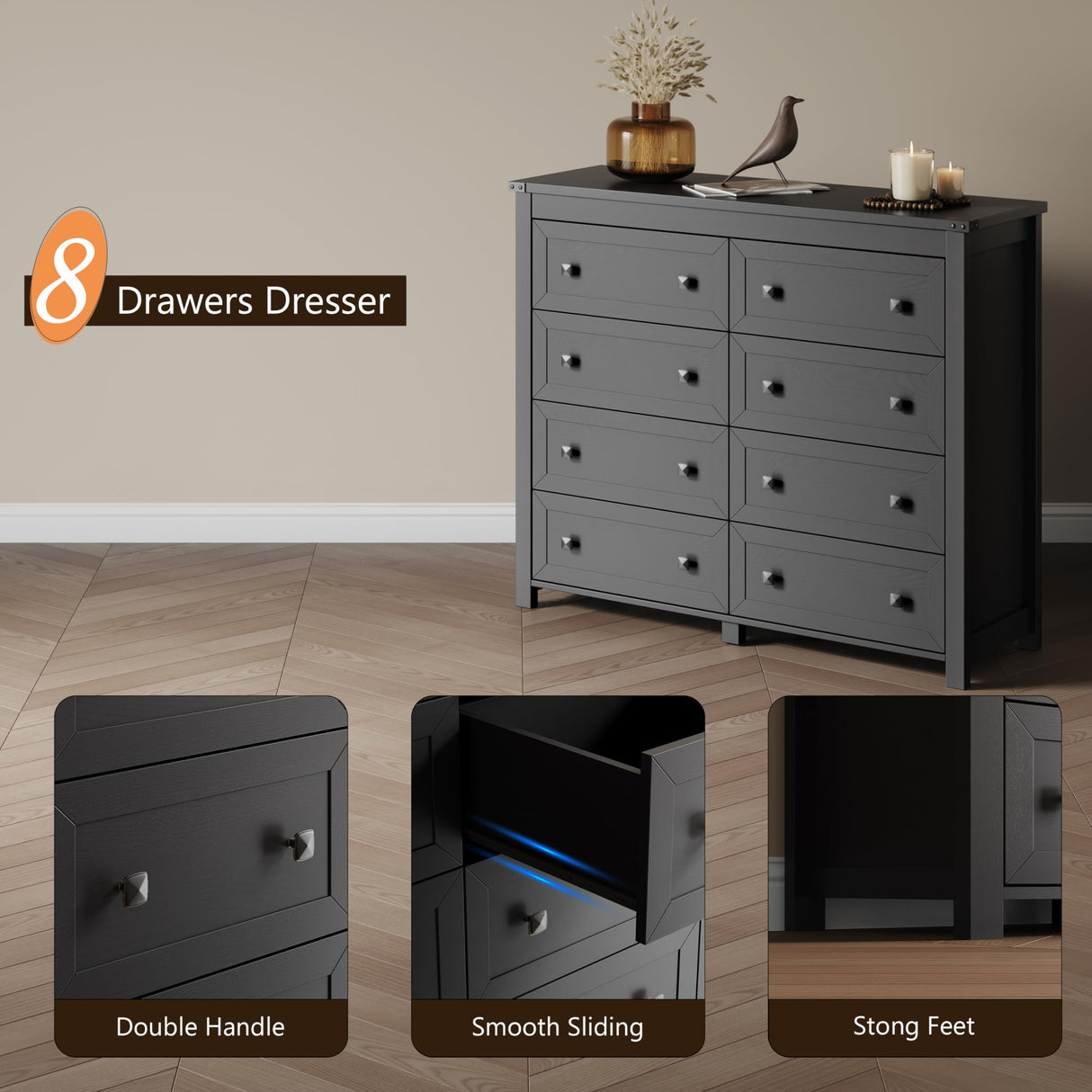 Dresser for Bedroom with 8 Drawers, Farmhouse Wood Chest of Drawers, Wide TV Stand Closet Storage Furniture with Metal Handle, Modern Clothes Organizer for Hallway, Living Room, Entryway, Black Xixini