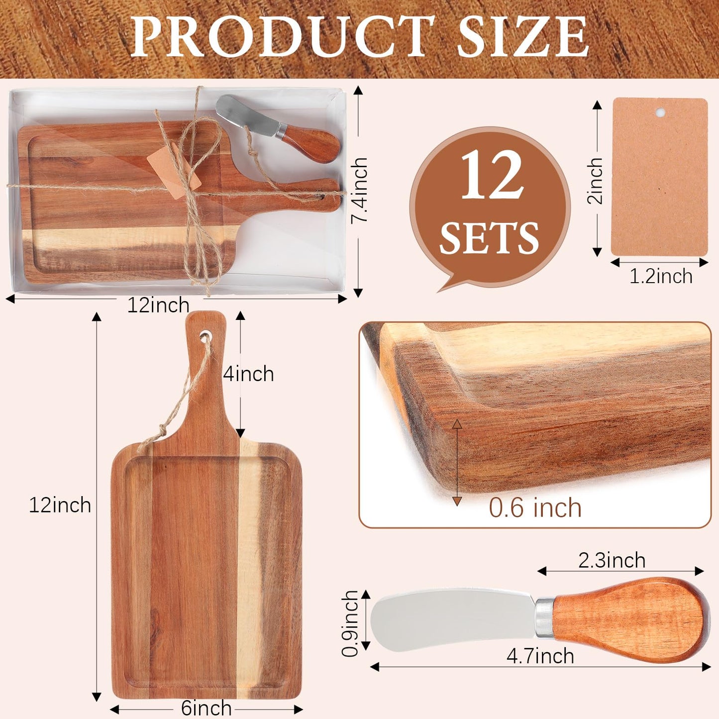 Geetery 12 Set Acacia Wood Charcuterie Board with Knife Wooden Serving Tray with Groove Acacia Wood Cutting Board with Gift Box and Card for Wedding Baby Shower Housewarming Gift - WoodArtSupply