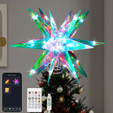 Christmas Star Tree Topper, 13.8" Xmas Smart Tree Decorations, Crystal-Like 3D Polygonal Shell, App Control LED Christmas Light, Music Sync RGB Color Changing with Remote for Indoor and Outdoor Decor VsMon-Fri