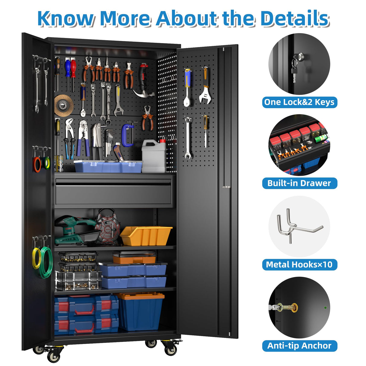 GLADIW Garage Storage Cabinet with Wheels, Metal Storage Cabinet with 1 Drawers and 2 Adjustable Shelves, Lockable Storage Cabinet with Pegboards for Homes, Offices, Kitchens, Schools and Pantries GLADIW