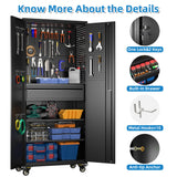 GLADIW Garage Storage Cabinet with Wheels, Metal Storage Cabinet with 1 Drawers and 2 Adjustable Shelves, Lockable Storage Cabinet with Pegboards for Homes, Offices, Kitchens, Schools and Pantries GLADIW