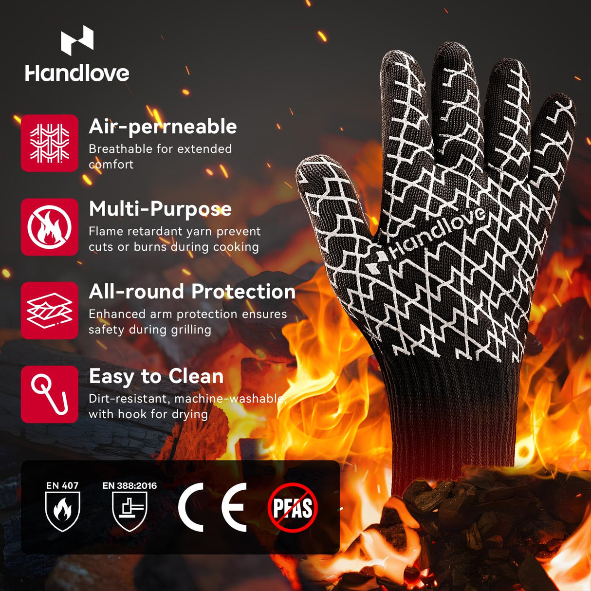 HandLove BBQ Gloves - Heat Resistant Grilling, Oven Gloves for Culinary Experts - Extreme Fireproof Protection, Silicone Grip, Long Cuff Mitts - Kitchen & Outdoor Barbecue, Cooking, Baking, Black, L HandLove
