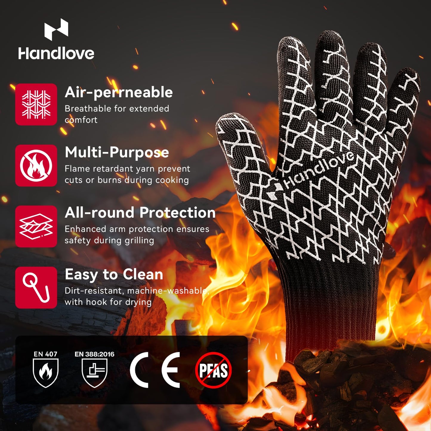 HandLove BBQ Gloves - Heat Resistant Grilling, Oven Gloves for Culinary Experts - Extreme Fireproof Protection, Silicone Grip, Long Cuff Mitts - Kitchen & Outdoor Barbecue, Cooking, Baking, Black, L