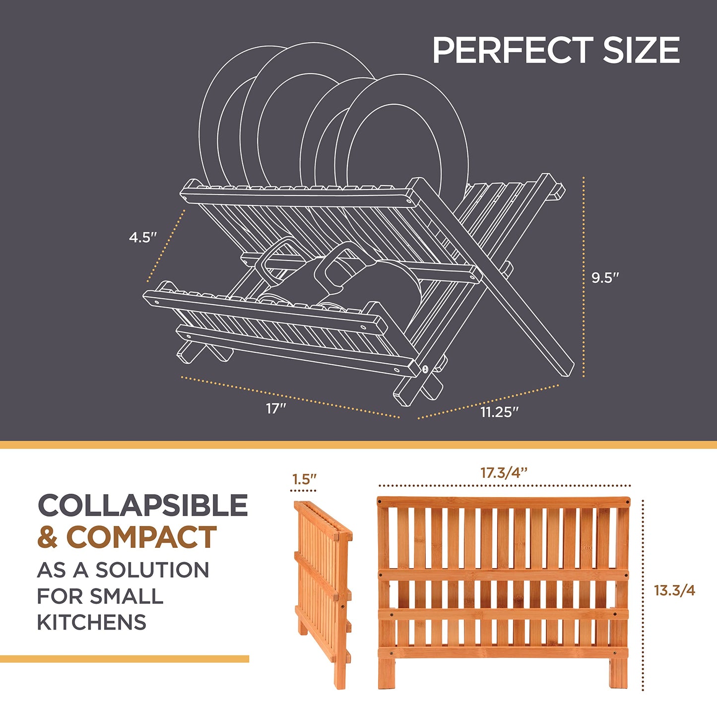 Dish Drying Rack - Collapsible 2-Tier Bamboo Dish Drainer Kitchen Plate Rack for Kitchen Countertop - Foldable & Compact for Space-Saving Storage