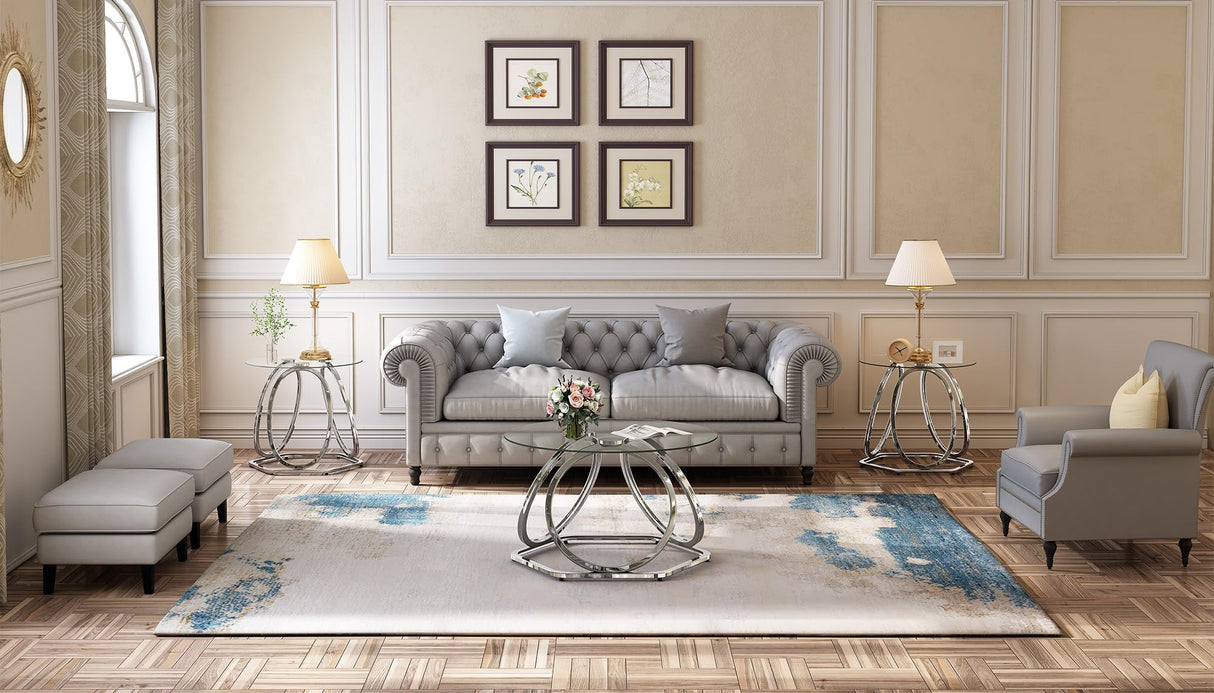 O&K FURNITURE Glass Coffee Table, Modern Silver Coffee Table Living Room Table with Hexagonal Base, Round Coffee Table for Home&Office, Chrome Finish, 1 PC O&K FURNITURE