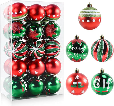 30PCS Christmas Balls Ornaments - 2.36" Red Green White Xmas Balls Decoration, Shatterproof Christmas Balls Ornaments for Christmas Tree, Painting & Glittering Hanging Ball for Party Event(Style-25)