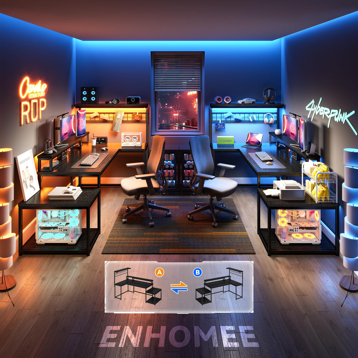 EnHomee L Shaped Gaming Desk with LED 55" Gaming Desk with Power Outlets Reversible L Shaped Desk with Long Monitor Stand & Storage Shelf,Cool Black Desk for Gaming Room,Home Office,Dorm,Black EnHomee