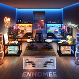 EnHomee L Shaped Gaming Desk with LED 55" Gaming Desk with Power Outlets Reversible L Shaped Desk with Long Monitor Stand & Storage Shelf,Cool Black Desk for Gaming Room,Home Office,Dorm,Black EnHomee