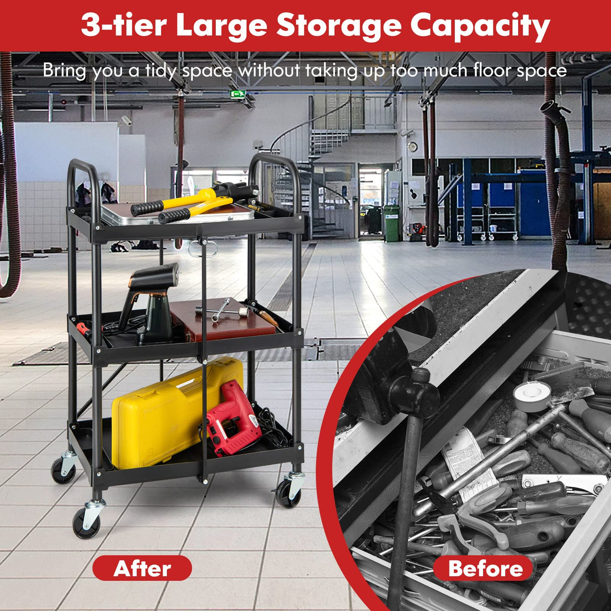 S AFSTAR 3-Tier Folding Tool Cart on Wheels, Rolling Tool Storage Organizer Cart W/Universal Wheels & Handrails, Portable Utility Cart, Collapsible Service Cart for Garage Warehouse Home S AFSTAR