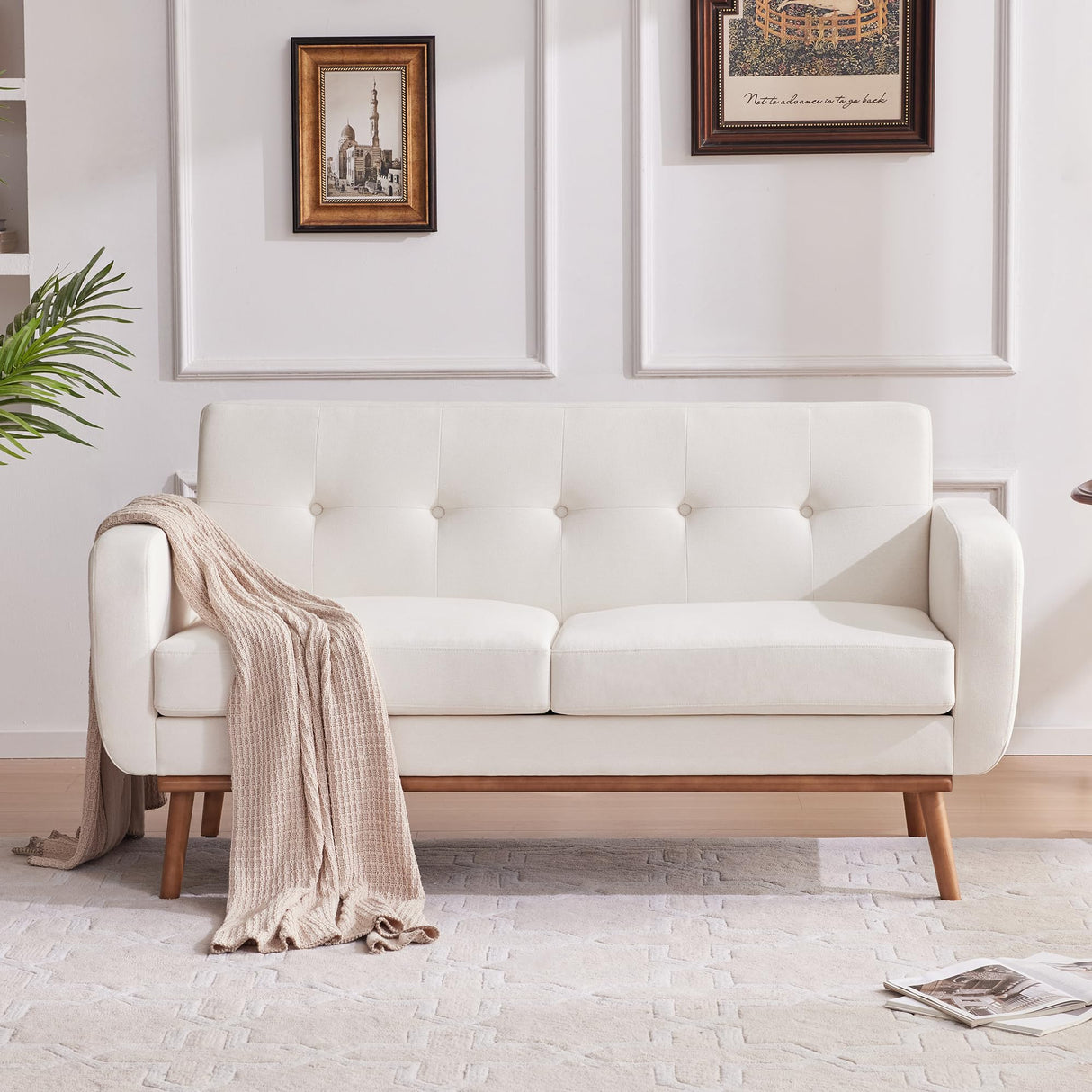 HUIMO 60'' Loveseat Sofa, Mid Century Modern Love Seat Couches for Living Room, Upholstered Love Seats Furniture with Solid Frame Button Tufted Small Couch for Bedroom Office Apartment (White) HUIMO