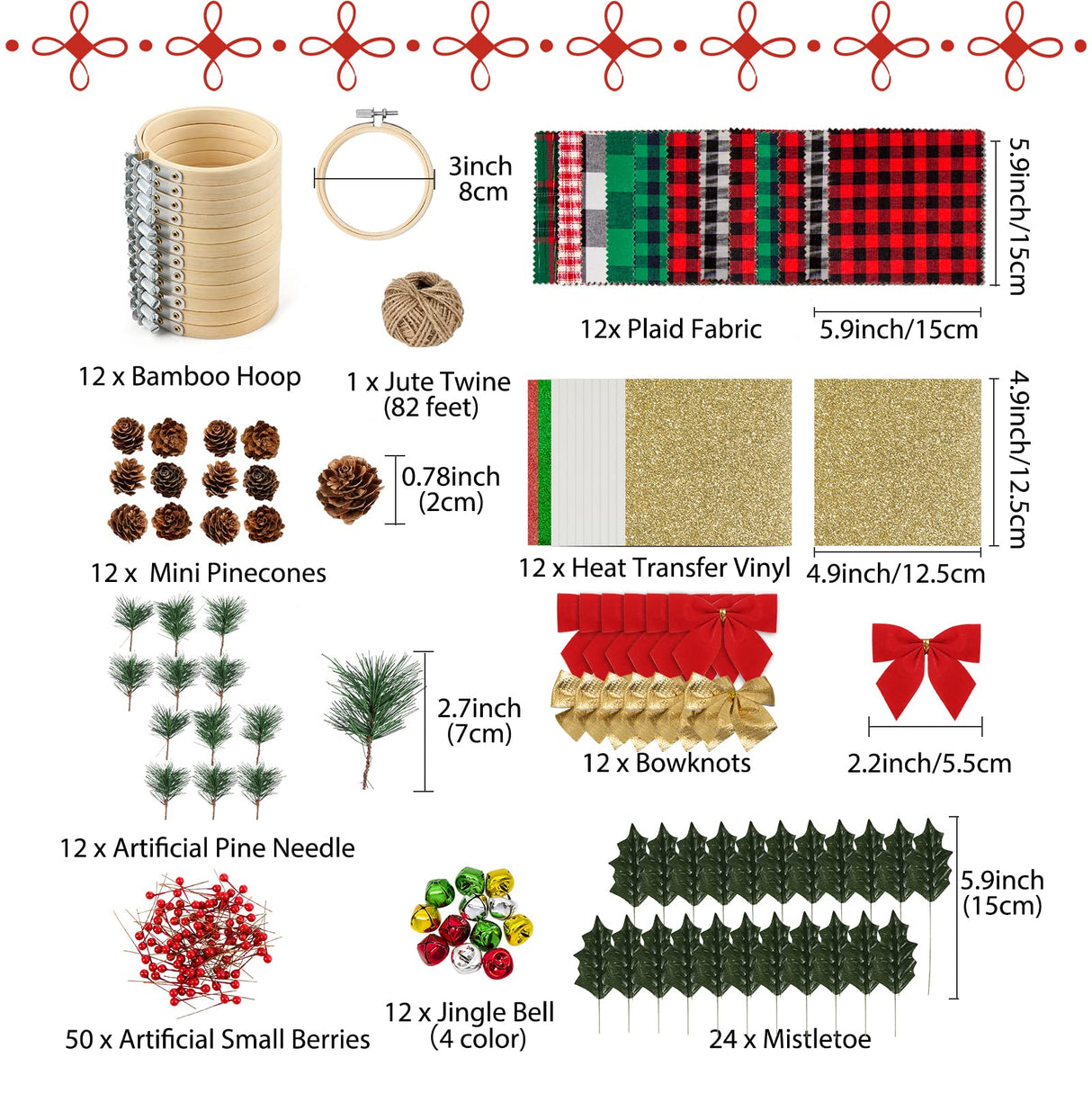 Caydo 12 Pack Christmas Ornament DIY Craft Kit Includes 3 Inch Bamboo Embroidery Hoops, Christmas Plaid Fabric, Mini Pine Cones, Artificial Pine Needle and Small Berries for Christmas DIY Decor Caydo