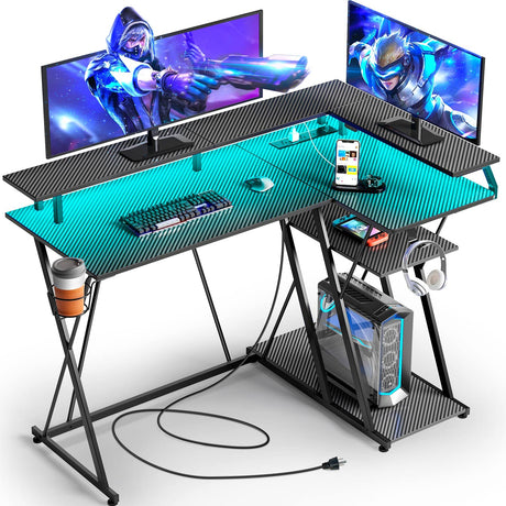 SEVEN WARRIOR L Shaped Gaming Desk with LED Lights & Power Outlets, 43” Reversible Corner Desk with Storage Shelf, Computer Desk with Monitor Stand, Gaming Table with Cup Holder, with Hooks, Black SEVEN WARRIOR