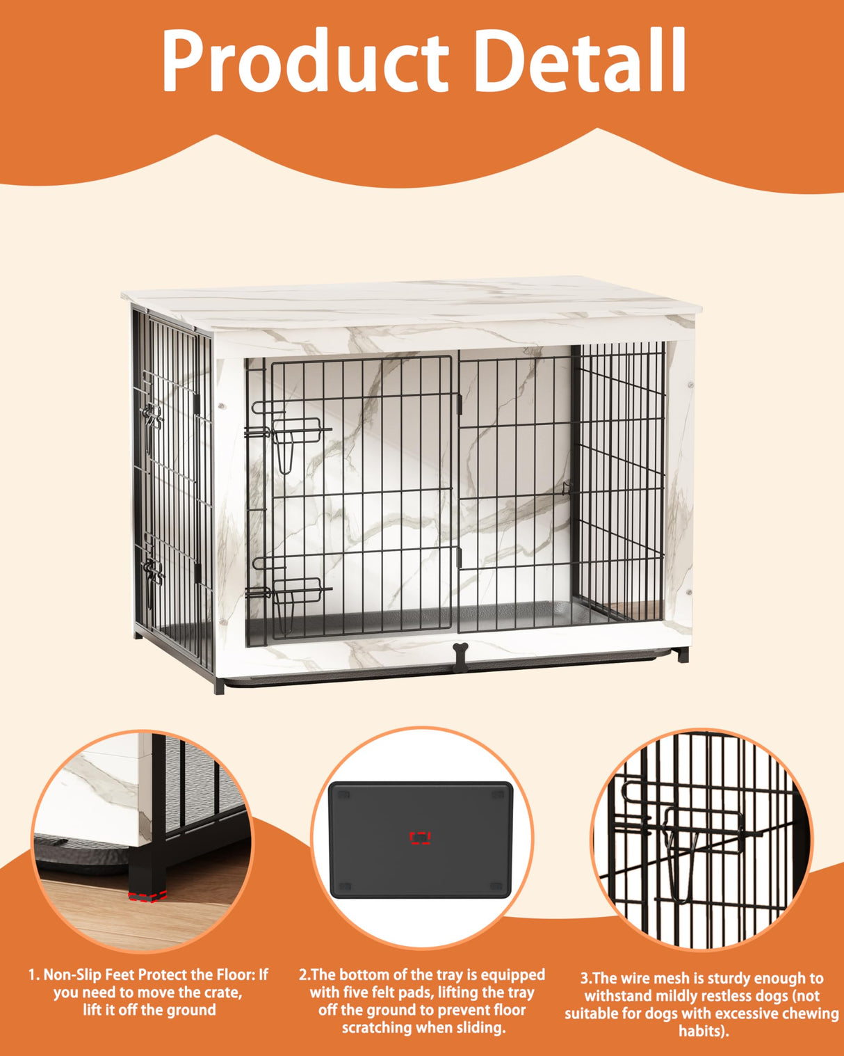 Megidok Wooden Dog Crate Furniture with Cushion,Large Dog Crate End Table with Tray, Double Doors Kennels Indoor (37" L*25" W*26" H, Marble White) Megidok
