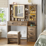 AOGLLATI Farmhouse Vanity Desk with Mirror and Lights, Makeup Vanity Set with Lights & Jewelry Cabinet & 5 Drawers, Vanity Table with Charging Station, Hidden Storage Space for Bedroom, Brown AOGLLATI