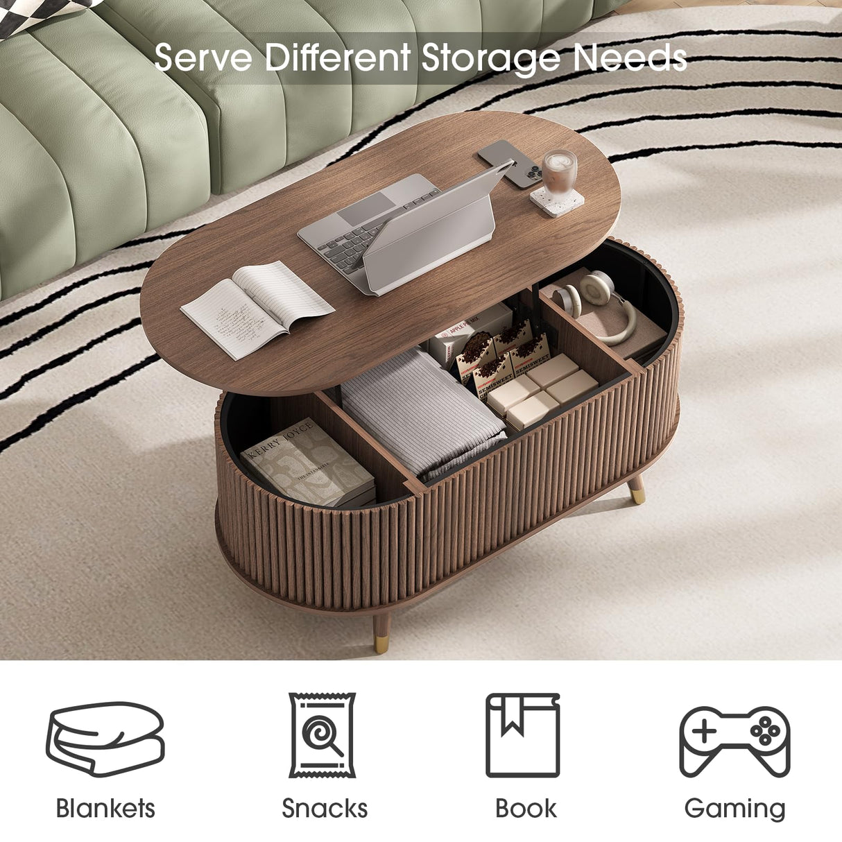 JOINICE 42.5" Oval Lift Top Coffee Table with Storage, Mid Century Modern Walnut Center Table with Fluted Design, Solid Wood Legs & Hidden Compartment, Pop Up Cocktail Table for Living Room JOINICE