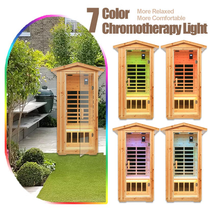 Outdoor Sauna 1 Person, Low EMF Infrared Sauna, Home Sauna, Bluetooth, LCD Control Panel, Chromotherapy and Reading Lights, 1560W (Outdoor Sauna 1 Person/Hemlock)