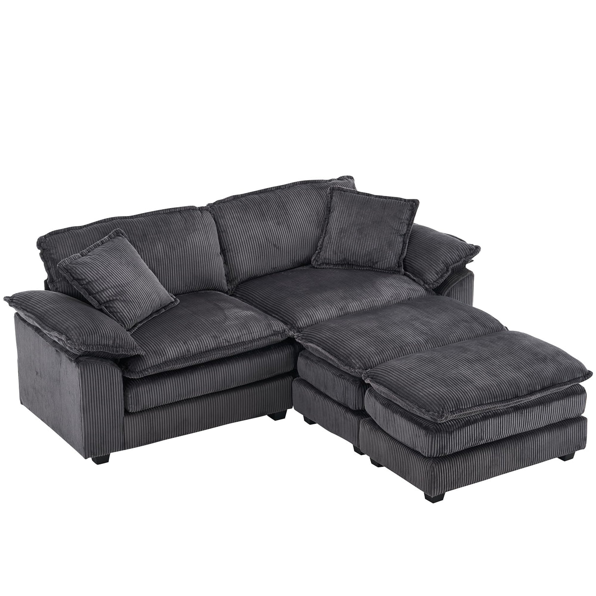 84.6'' Modular Sectional Sofa for Living Room, Comfy Corduroy Double Layer Upholstered Loveseat Sofa, Sleeper Sofa Cloud Couch with Moveable Ottoman, 2 Pillows and Detachable Armrest, Grey SLEERWAY