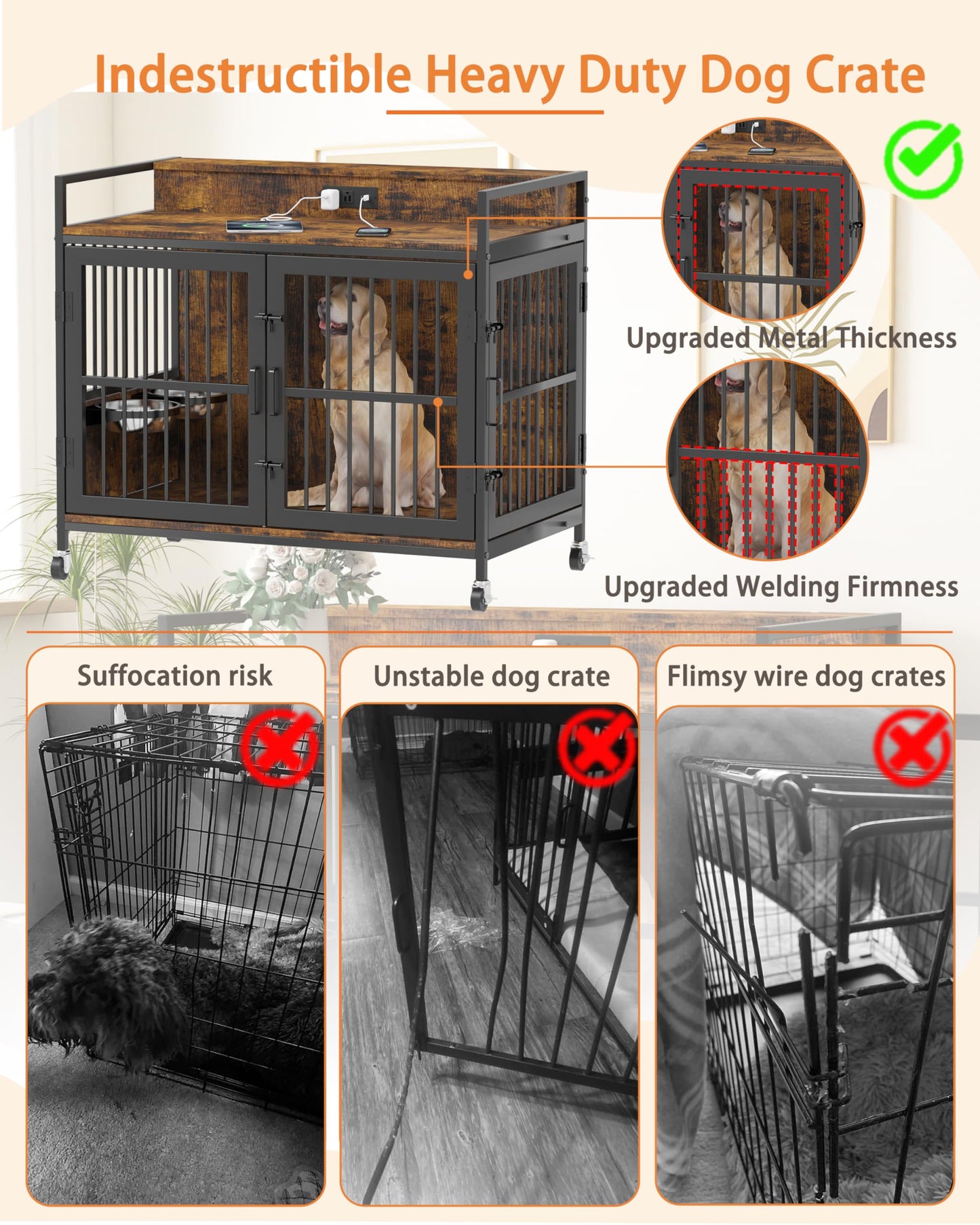 Piskyet Large Dog Crate Furniture,Heavy Duty Dog Crate Side Table with Charge Station and Storage&360°Rotatable Feeder and Stainless Steel Bowls,Indoor Double Door Kennel with Wheels - Rustic Brown