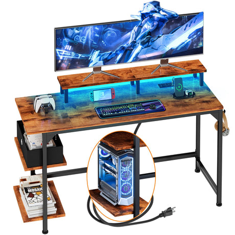 Furologee Desk with Power Outlets and LED Lights, 47" Computer Office Desk with Shelves and Fabric Drawer, Reversible Gaming Study Table with Monitor Stand and Hooks, Rustic Brown Furologee