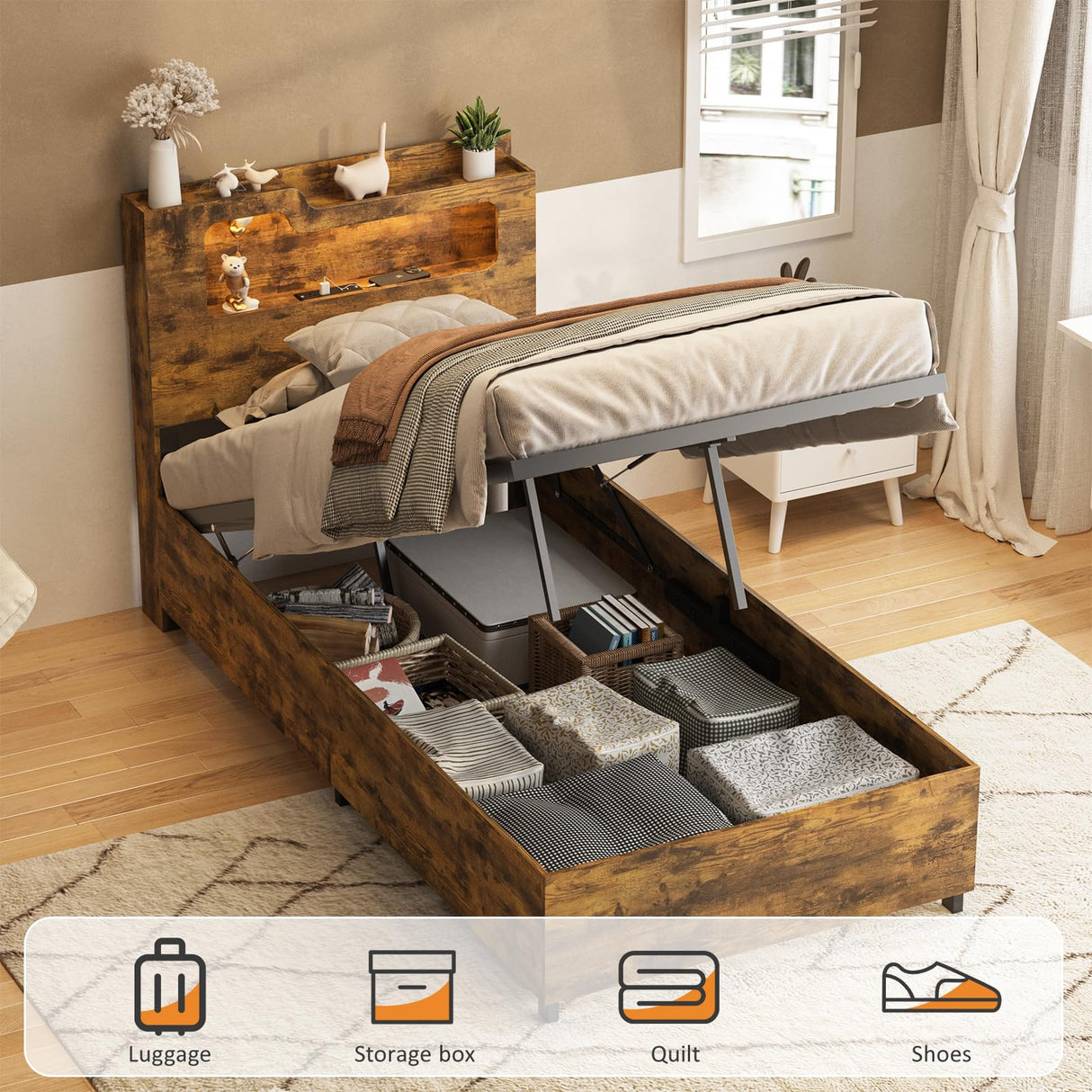 Fameill Twin Size Lift Up Storage Bed Frame, 2-Tier Headboard Wooden Platform Bed Frame with Lifting Storage & Charging Station, No Spring Box Needed/Noise Free Fameill